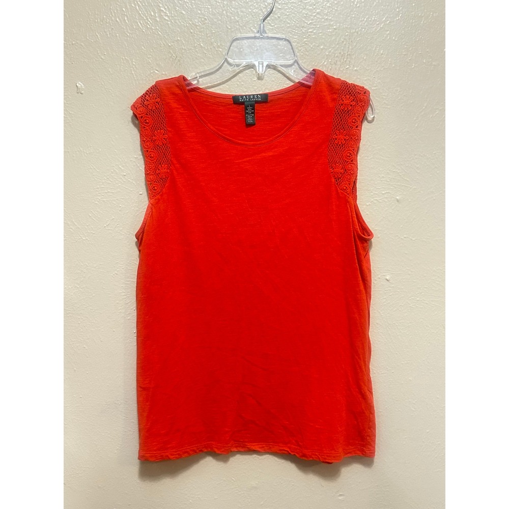 Lauren Ralph Lauren Orange Knit Tank Top with Crochet Trim Sleeveless Large‎